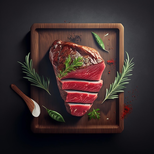 Um pedaço de carne com uma faca e ervas ao lado.