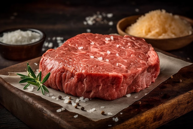 Um pedaço de carne crua com uma faca e uma tigela de queijo parmesão sobre ela.