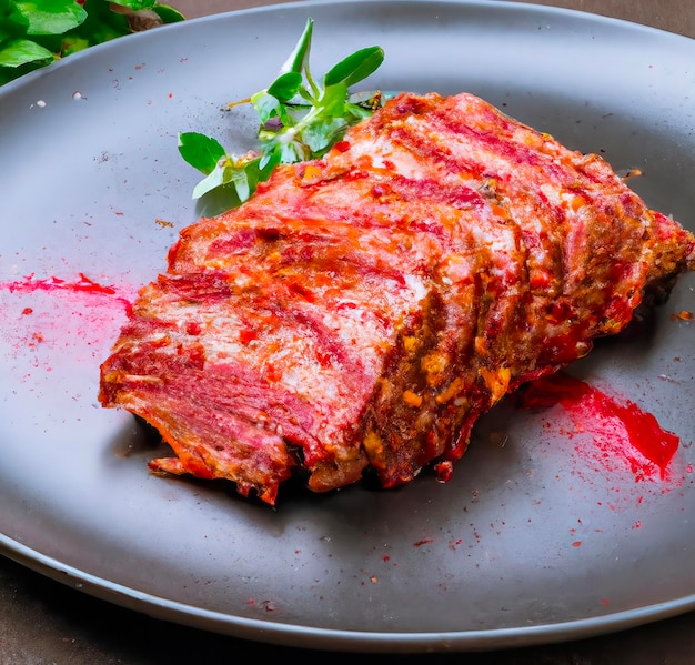 Um pedaço de carne em um prato com molho vermelho.