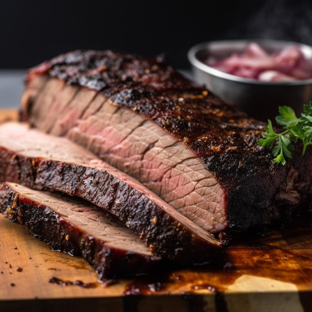 Um pedaço de carne fatiado com uma tigela de bacon ao lado.