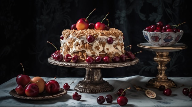 Um pedaço de cheesecake com cerejas no topo