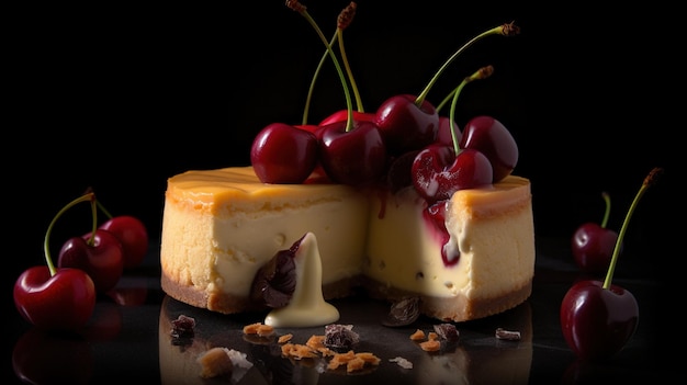 Um pedaço de cheesecake com cerejas no topo