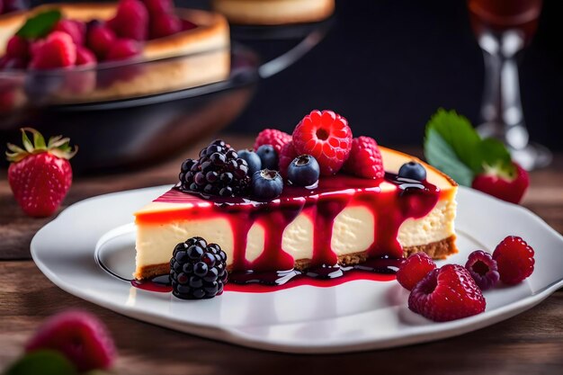 Um pedaço de cheesecake com framboesas e framboesas nele.