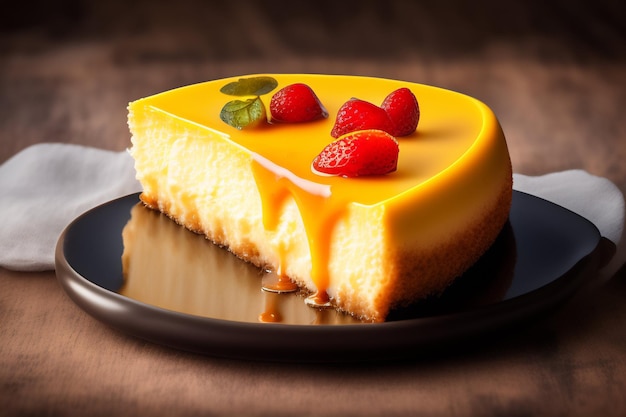 Um pedaço de cheesecake com morangos por cima