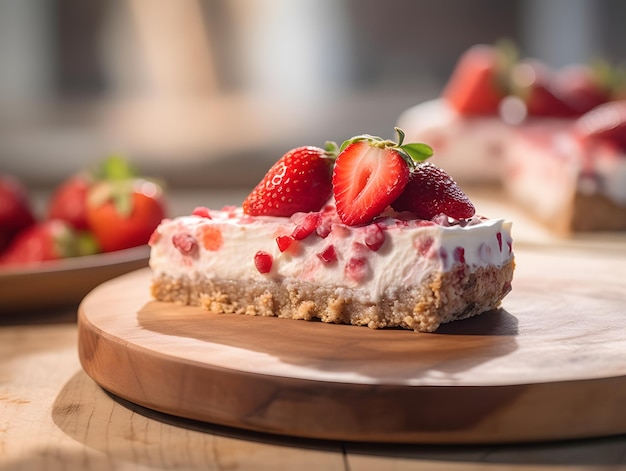 Um pedaço de Cheesecake de Morango Delicioso em Fundo de Madeira Foto de Comida Baixa Chave Generativa Ai