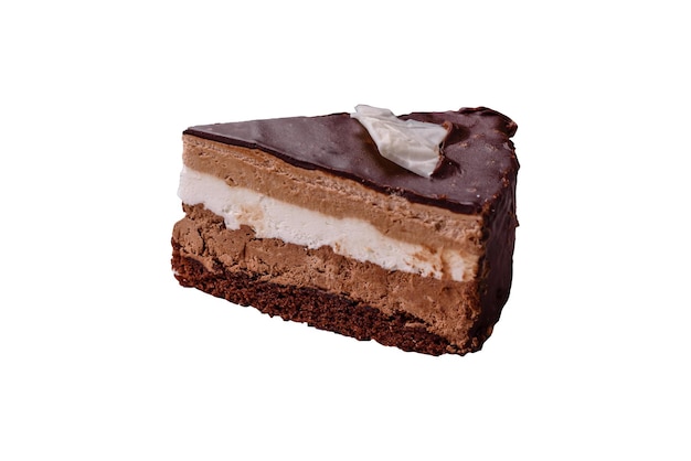Um pedaço de delicioso bolo de chocolate doce com bolo de esponja e creme
