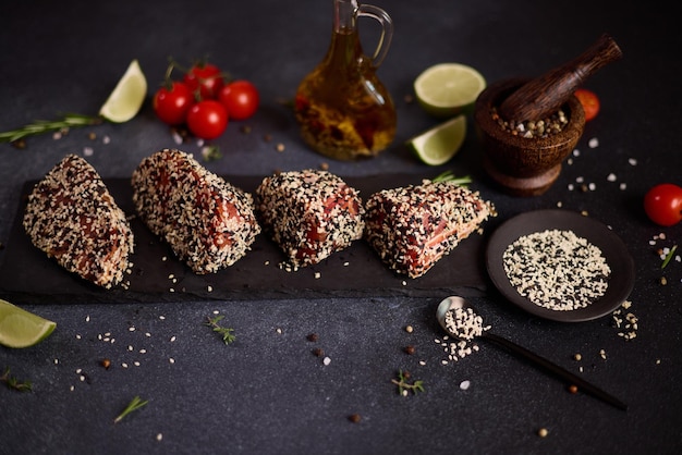 Um pedaço de filé de atum coberto com sementes de gergelim em uma tábua de servir de pedra antes de cozinhar