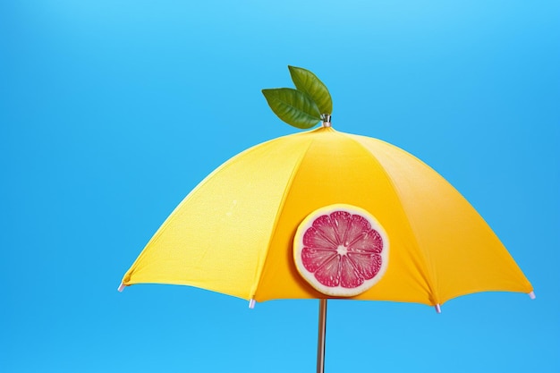 Um pedaço de limão amarelo com um guarda-chuva rosa em cima em fundo azul