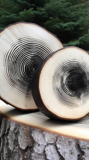Foto um pedaço de madeira com um anel preto e branco ao redor do centro.