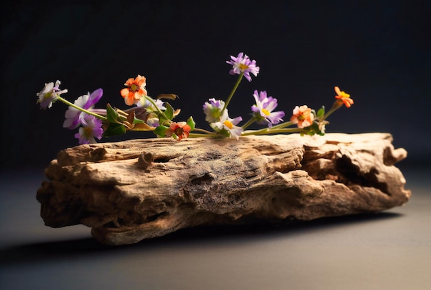 Um pedaço de madeira flutuante com flores no topo