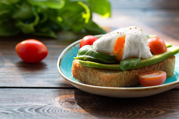 Um pedaço de pão branco grelhado com ovo escalfado, folhas frescas de manjericão e tomate pequeno