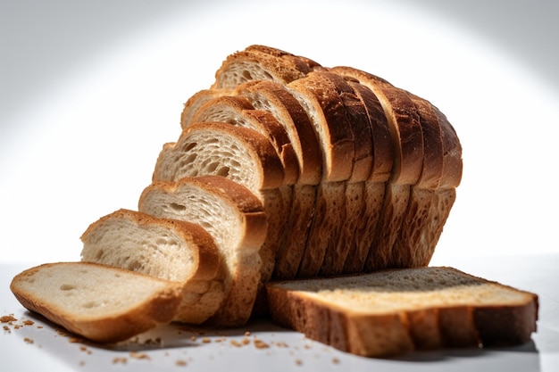 Um pedaço de pão é cortado em fatias.