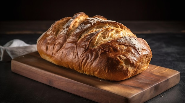 Um pedaço de pão em uma placa de madeira