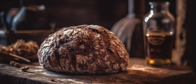 Um pedaço de pão está sobre uma mesa em frente a uma janela.