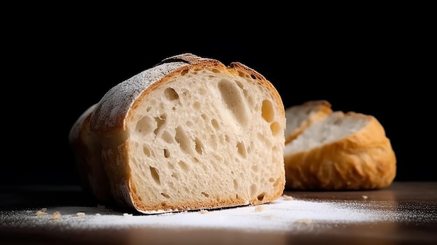 Um pedaço de pão tradicional italiano e trigo em uma mesa