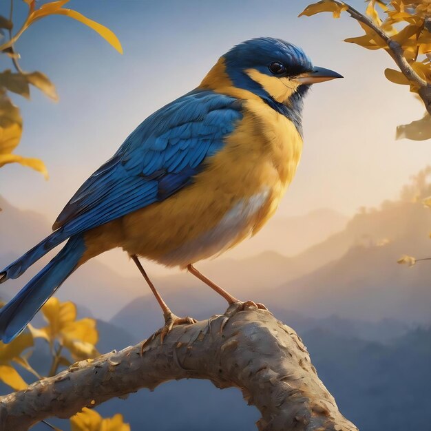 Um pedaço de papel azul e dourado com um pássaro nele