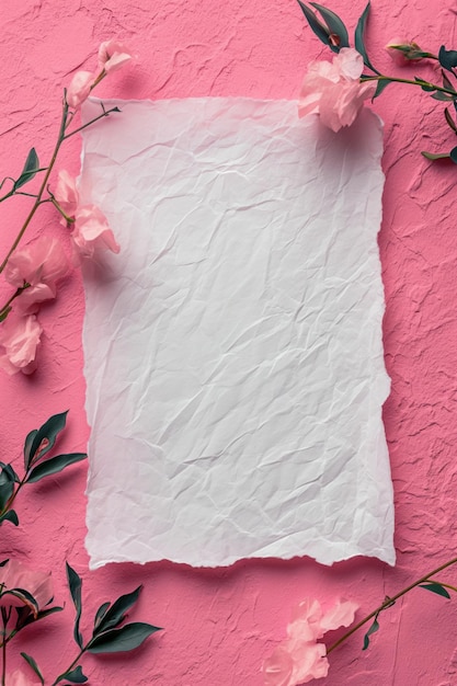 Foto um pedaço de papel branco com um fundo rosa e flores cor-de-rosa nele