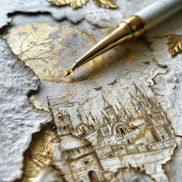 Foto um pedaço de papel com um castelo e uma caneta