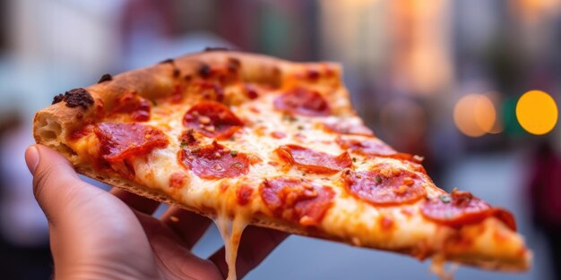 Um pedaço de pizza em close-up na mão no fundo da cidade generativa ai