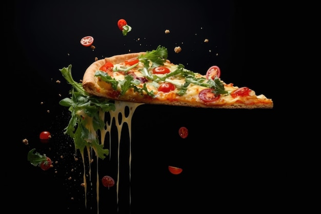 Um pedaço de pizza flutuando no ar com tomates de queijo, verduras e azeitonas suspensos contra um fundo escuro