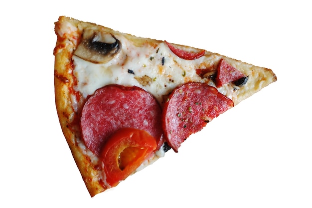 Um pedaço de pizza isolado em um fundo branco Vista de cima