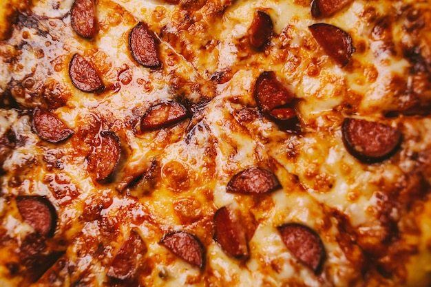 um pedaço de pizza muito saborosa com fatias de salsichas de caça e processamento de fotos vintage de queijo