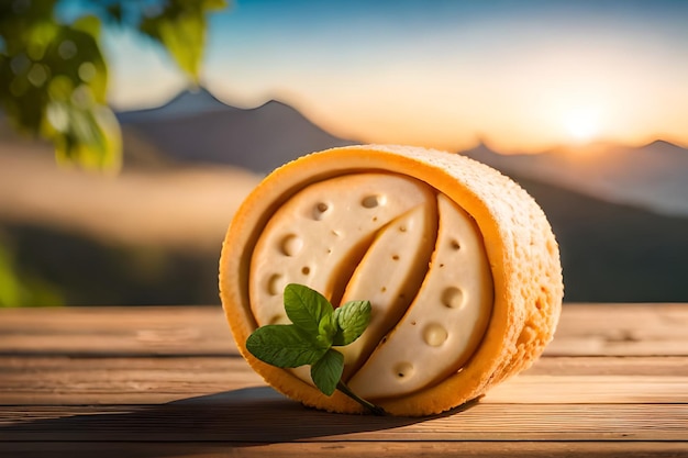 Um pedaço de queijo com uma folha verde folhosa