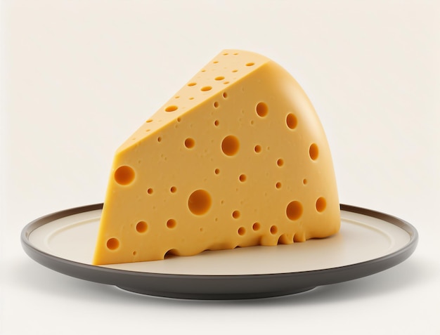 Um pedaço de queijo em um prato com borda marrom.