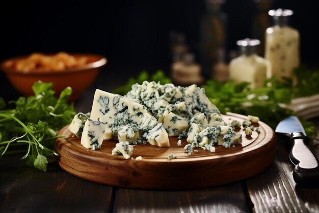 Foto um pedaço de queijo roquefort em uma tábua de madeira sobre a mesa