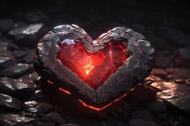um pedaço de rocha em forma de coração com um brilho vermelho ai generativo