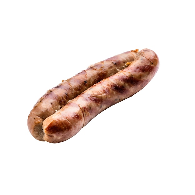 Um pedaço de salsicha Bratwurst está sobre um fundo branco