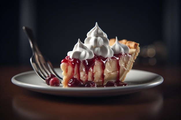 Um pedaço de tarte com nata batida e um garfo num prato.