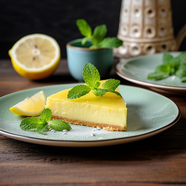 Um pedaço de tarte de limão com hortelã no prato