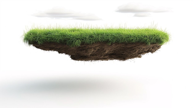 Um pedaço de terra flutuante com relva verde e solo exposto com um terreno voador e pastagens vazias em uma renderização 3D