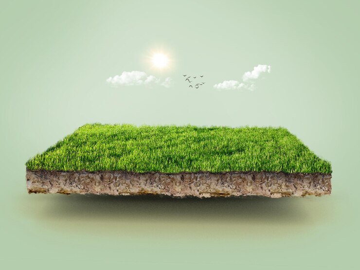 Foto um pedaço de terra verde com grama e pássaros voando ao seu redor.