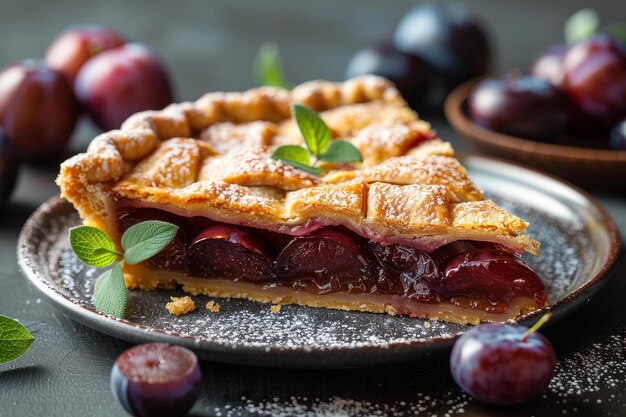 Foto um pedaço de torta de ameixa num prato.