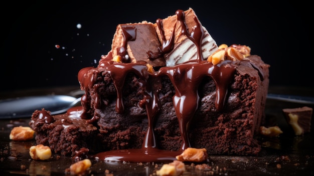 um pedaço de torta de chocolate com chocolate escorrendo pela fatia, capturado em um estilo de ficção científica hiper-realista. a fotografia apresenta enquadramento e composição únicos, com diagonais dramáticas e uma bagunça