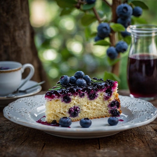 Foto um pedaço de torta numa mesa de madeira torta com bagas dia de verão