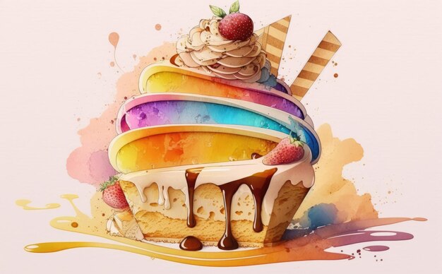 Um pedaço desenhado de bolo em aquarela e ilustrações de doces gerados por ai