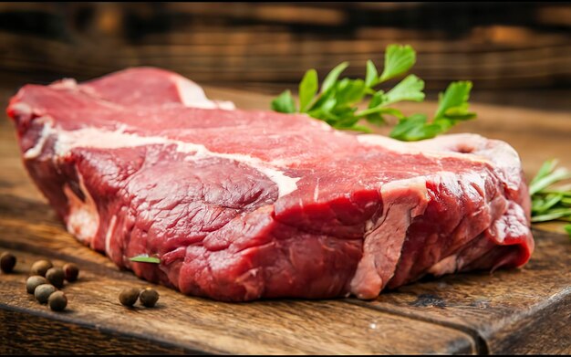 Um pedaço fresco de carne crua na mesa sobre um fundo de madeira