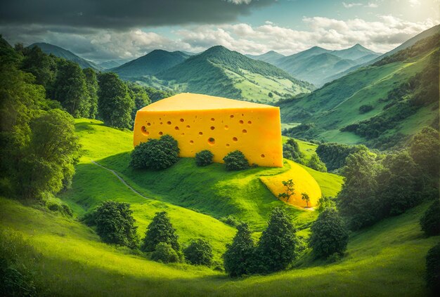 um pedaço gigante de queijo amarelo aninhado em meio a uma paisagem natural deslumbrante