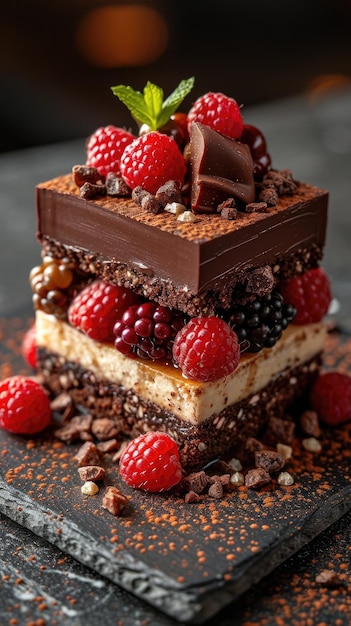 um pedaço quadrado de bolo de chocolate com chocolate e framboesas em cima