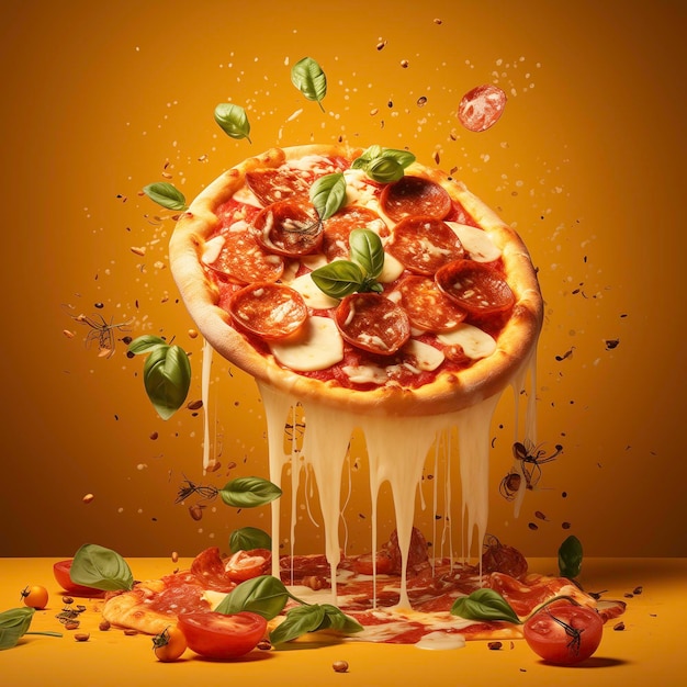 Um pedaço quente de pizza pepperoni flutuando no ar em um fundo amarelo