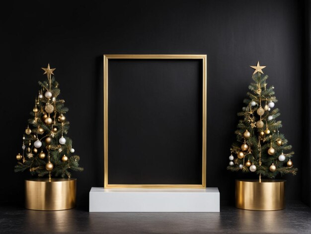 Um pedestal branco e dourado com uma moldura e árvores de Natal isoladas no fundo preto.