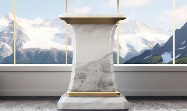 Um pedestal de mármore com vista para a montanha ao fundo.