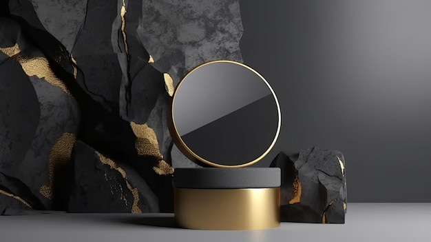 Um pedestal preto com detalhes em ouro exibindo produtos cosméticos de beleza em uma exibição de pódio de pedra AI Generation