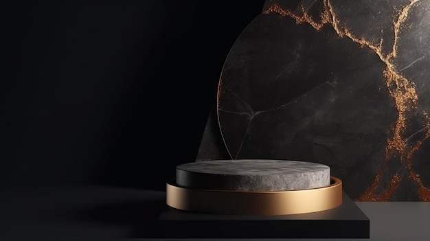 Um pedestal preto com detalhes em ouro exibindo produtos cosméticos de beleza em uma exibição de pódio de pedra AI Generation