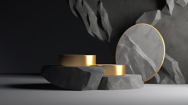 Um pedestal preto com detalhes em ouro exibindo produtos cosméticos de beleza em uma exibição de pódio de pedra AI Generation