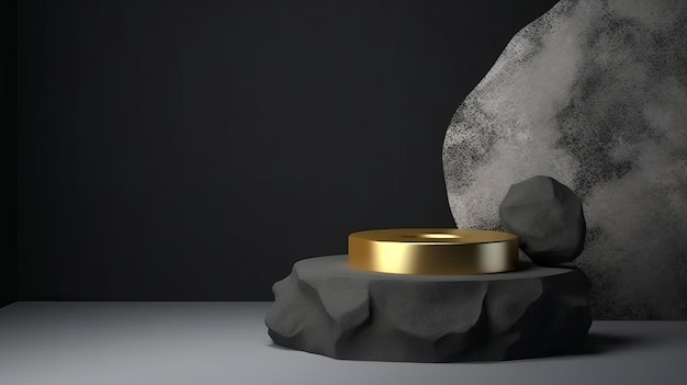 Um pedestal preto com detalhes em ouro exibindo produtos cosméticos de beleza em uma exibição de pódio de pedra AI Generation