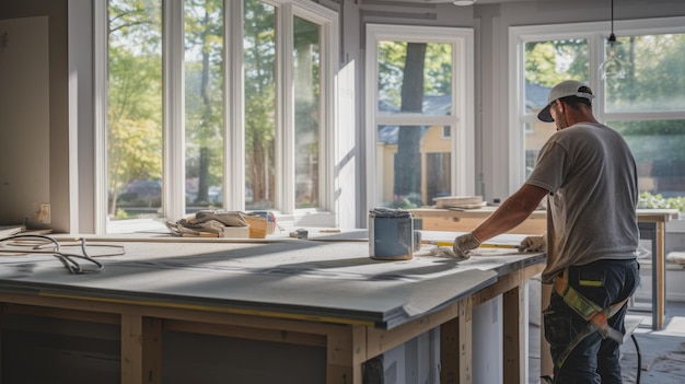 Um pedreiro trabalhador da construção na remodelação em andamento de uma cozinha espaçosa com janelas para fora